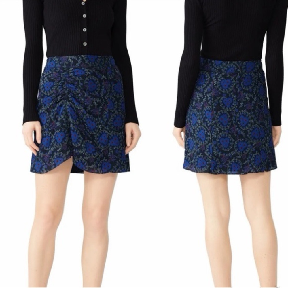 Derek Lam 10 Crosby Ruched Side Silk Floral Mini Skirt Blue &‎ Black